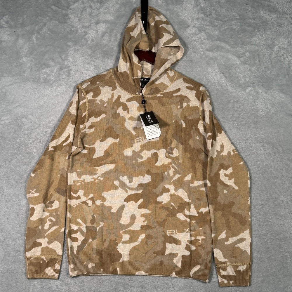 RLX Ralph Lauren Sweater Mens Small Brown Camo‎ 100% Cashmere Hooded Pullover
